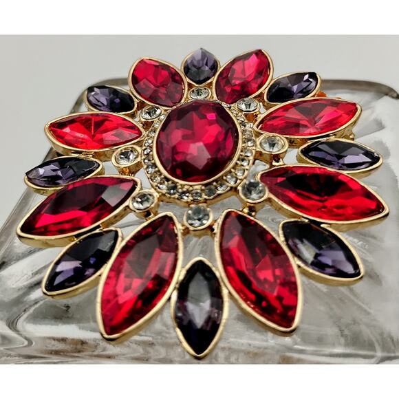 Monet Jewelry - Vintage Monet Red & Purple Rhinestone Flower Brooch Gold Tone
